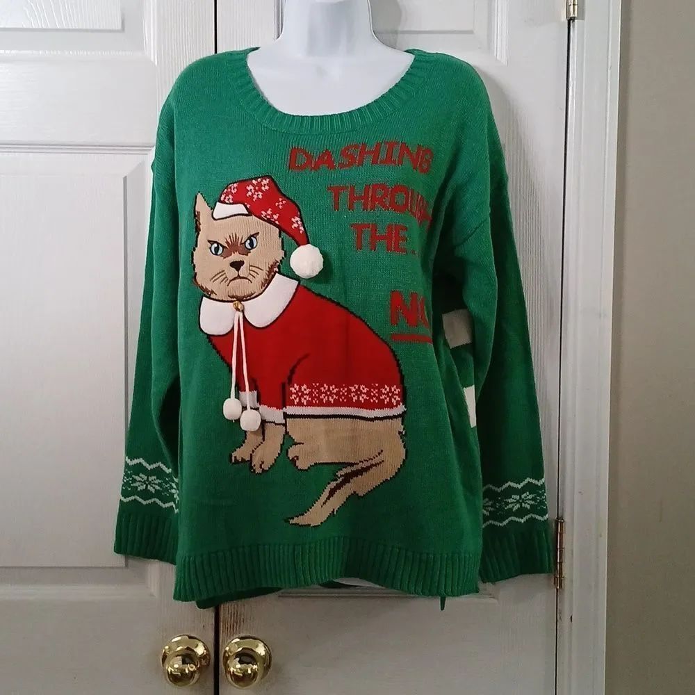 New Directions Ugly Sweater Cat Dashing through the NO holiday sweater Sz L NWOT
